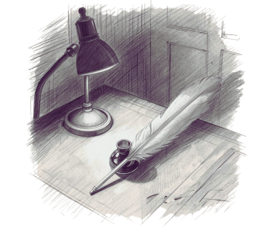 A quill, inkpot and a lamp on a writing desk in a line drawing style