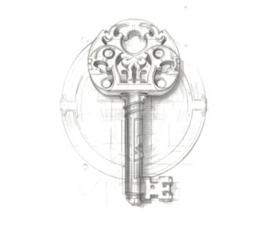 A whimsical yet tasteful pencil drawing of a fancy key (generated by AI)