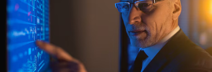 A wise executive gingerly placing his finger on a blue screen. Who knows what he will discover?